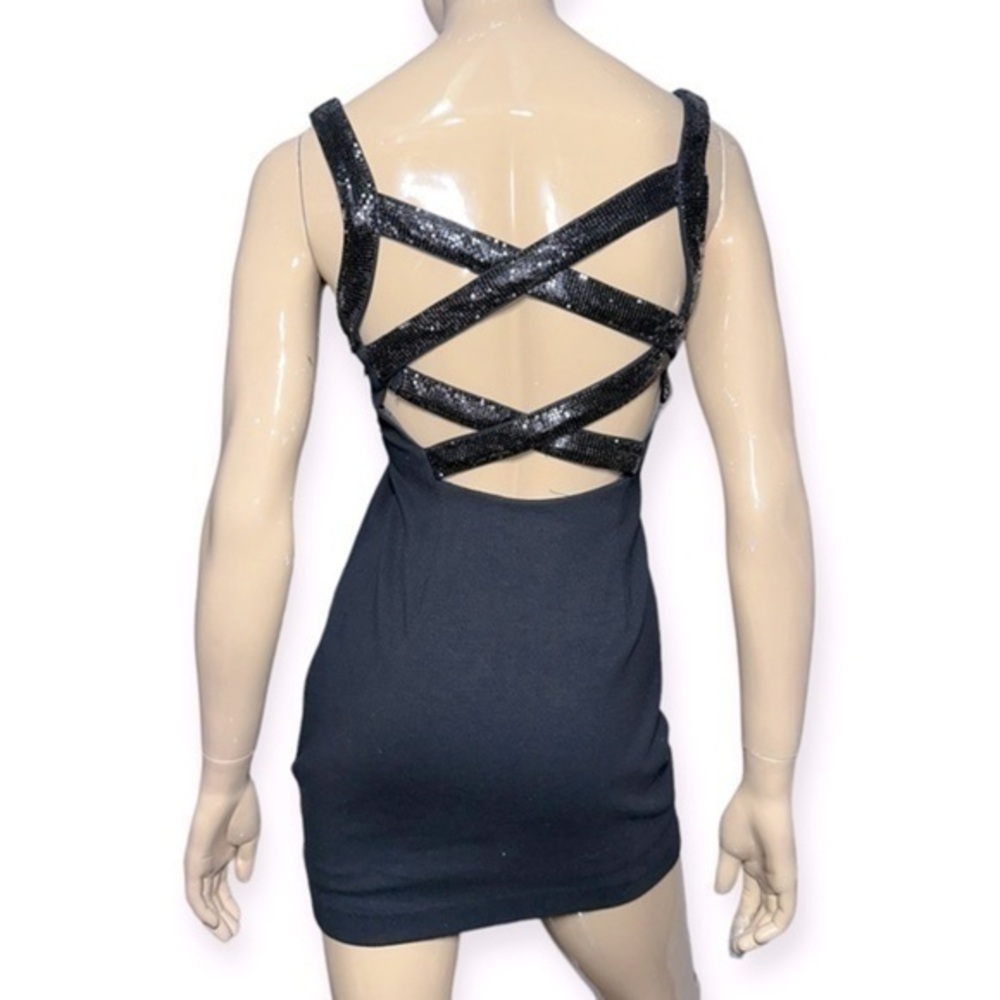 LaRok Women’s Size S Black Ruched Chest Sequin Strappy Back Body Con Mini Dress